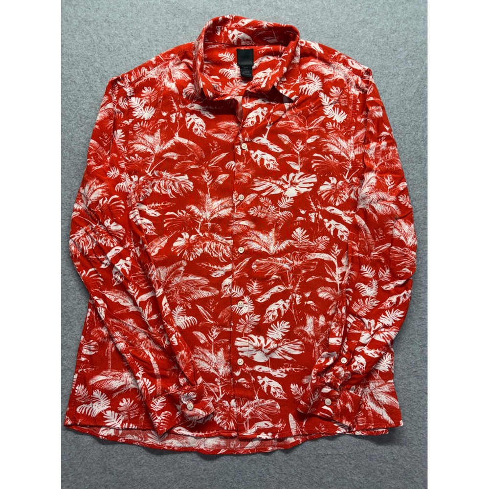 HM Mens Red White Tropical Palm Leaf Print Viscose Button Down Shirt Size Medium